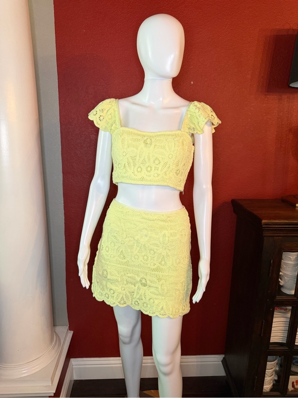 Saylor Yellow Crochet Lace 2pc Cropped Top & Mini Skirt - Size See Measurements